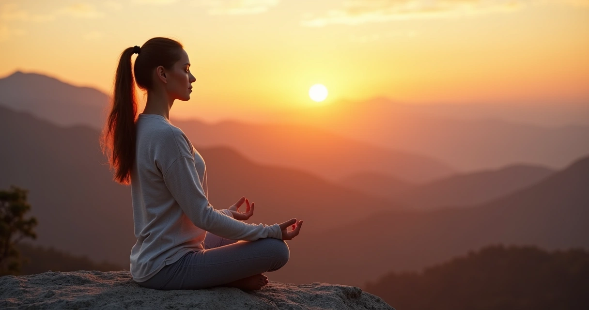 Mujer sentada en posición de meditación en una montaña al atardecer 