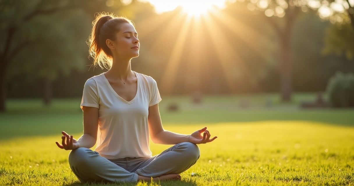 Mujer sentada en posición de meditación bajo la luz del sol