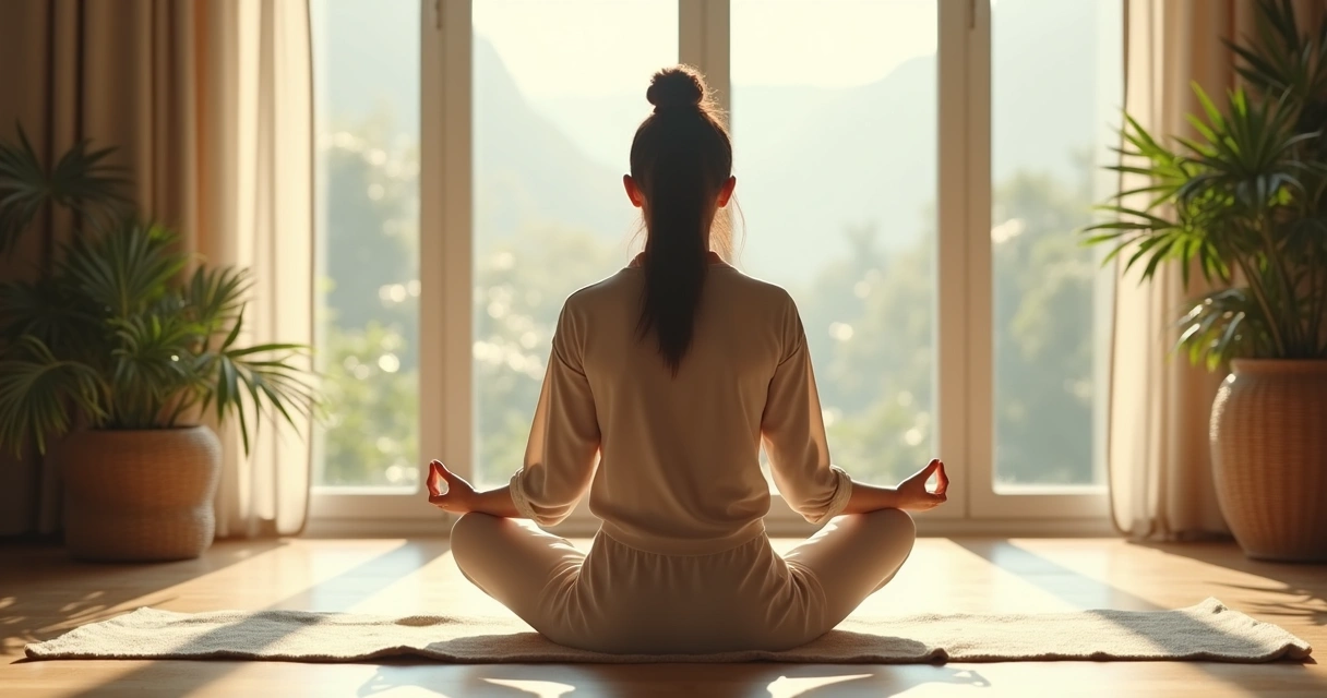 Mujer meditando sentada frente a una ventana grande 