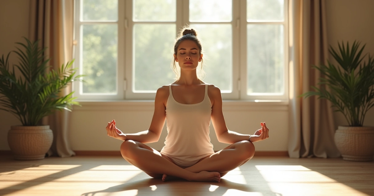 Mujer meditativa sentada cerca de una ventana abierta 