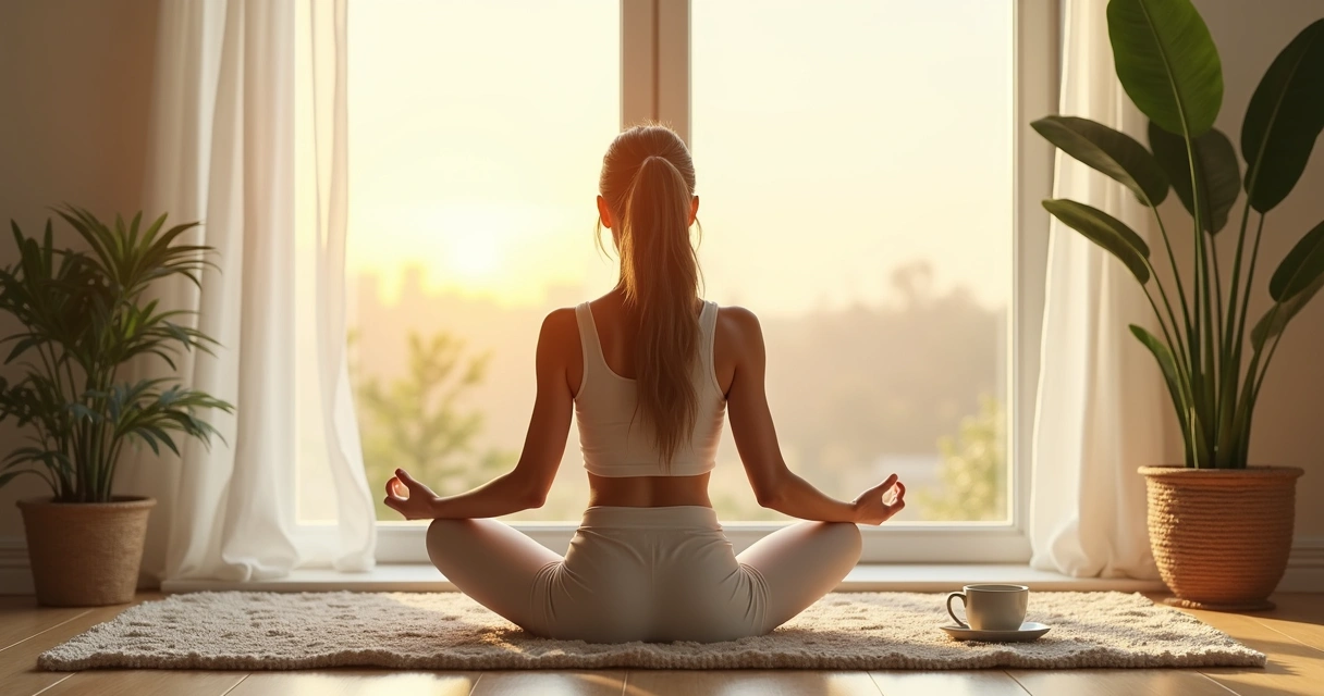Mujer sentada meditando en postura de loto junto a una ventana con luz cálida filtrada 