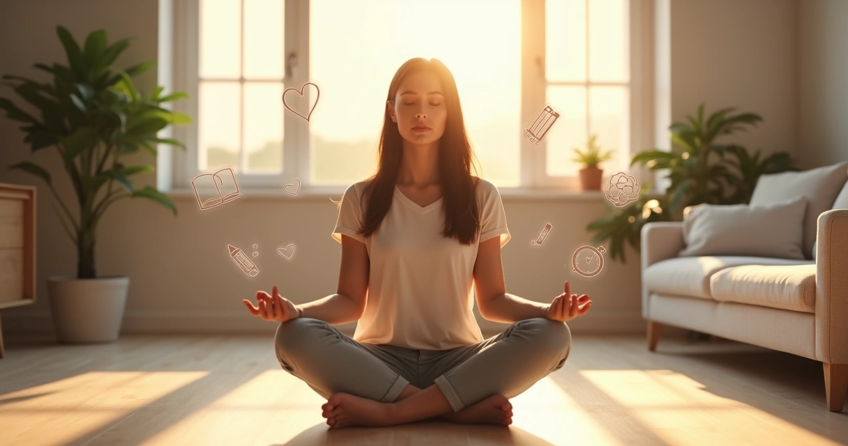 Mujer joven meditando frente a una ventana con iconos sutiles de hábitos saludables alrededor 