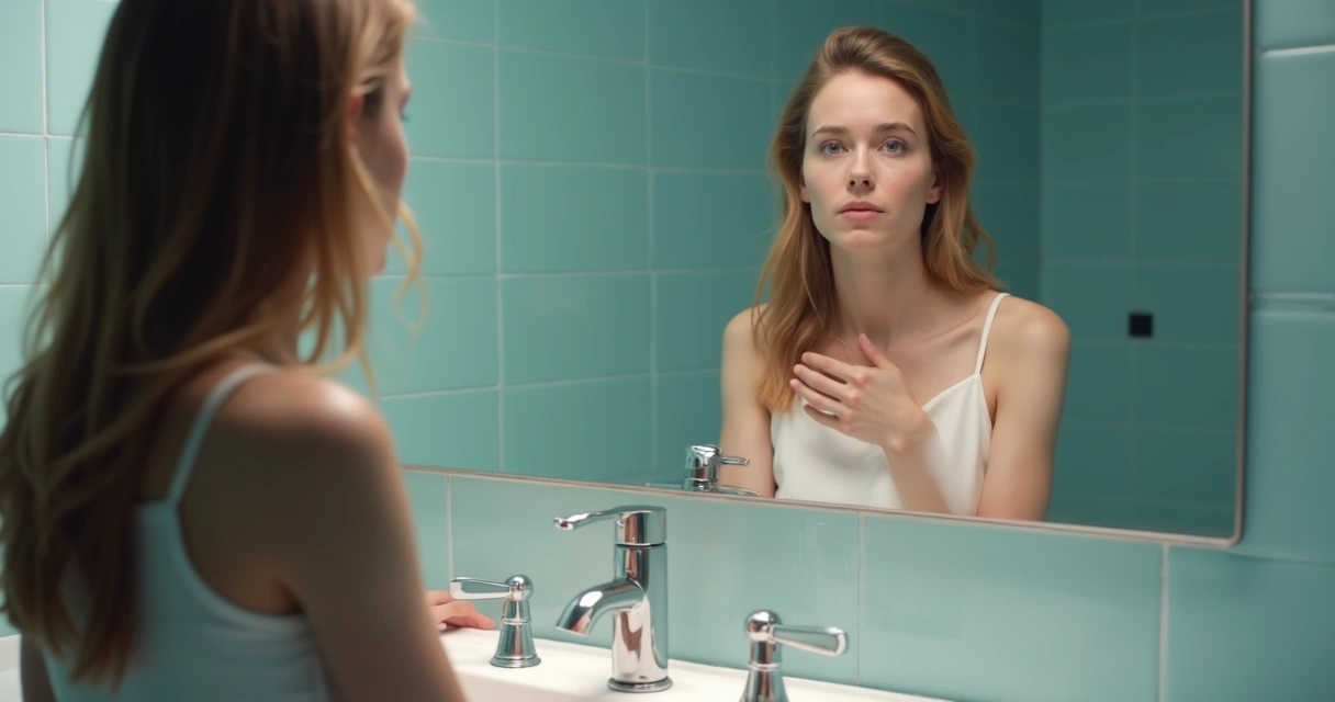 Mujer mirando su reflejo en el espejo con expresión pensativa 