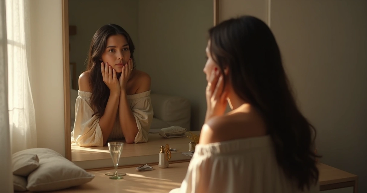 Persona mirándose al espejo en actitud reflexiva