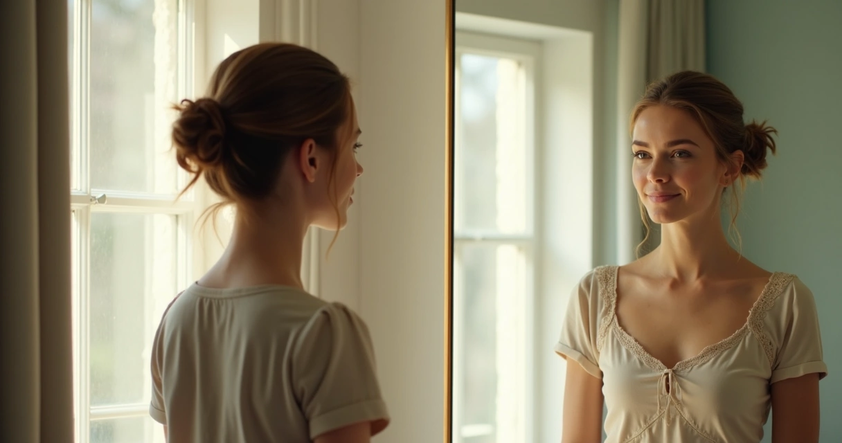 Mujer adulta observa su reflejo con gesto sereno, de pie frente a un espejo en un ambiente luminoso