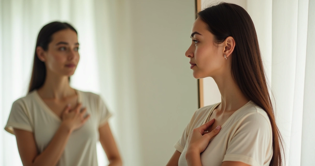Mujer joven se mira al espejo con expresión de confianza interior 