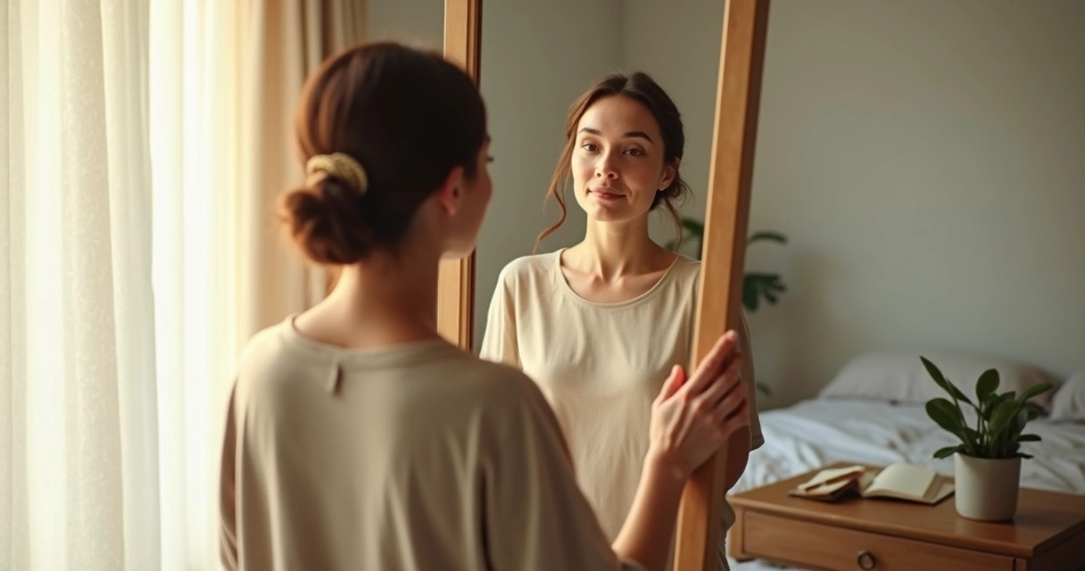 Persona adulta observando su reflejo en el espejo con expresión serena y segura 
