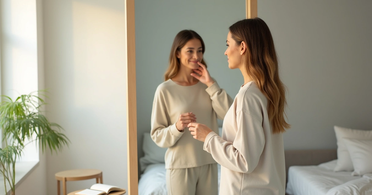 Mujer adulta observándose en el espejo con gesto sereno y reflexivo 