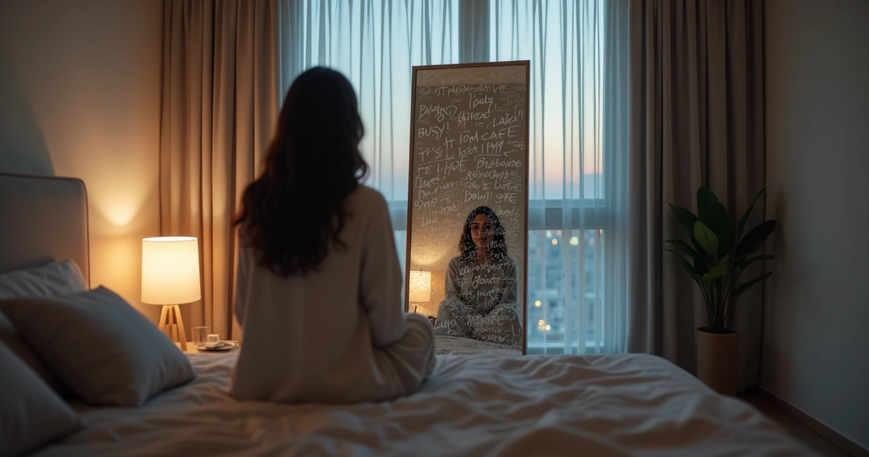 Mujer mirando un espejo cubierto de frases mentales borrosas 
