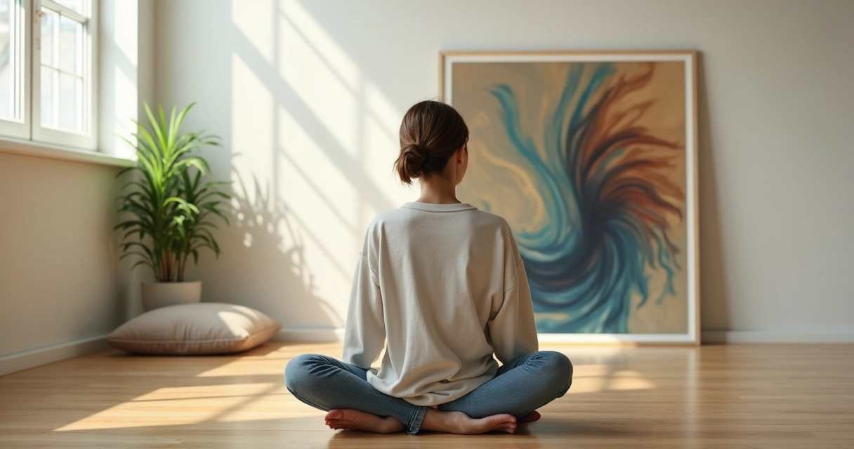 Persona sentada frente a un espejo con reflejo interior abstracto 