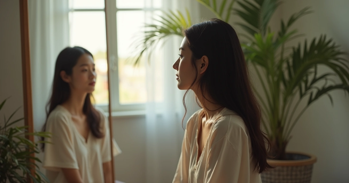 Mujer reflexionando mirando al espejo en habitación tranquila 