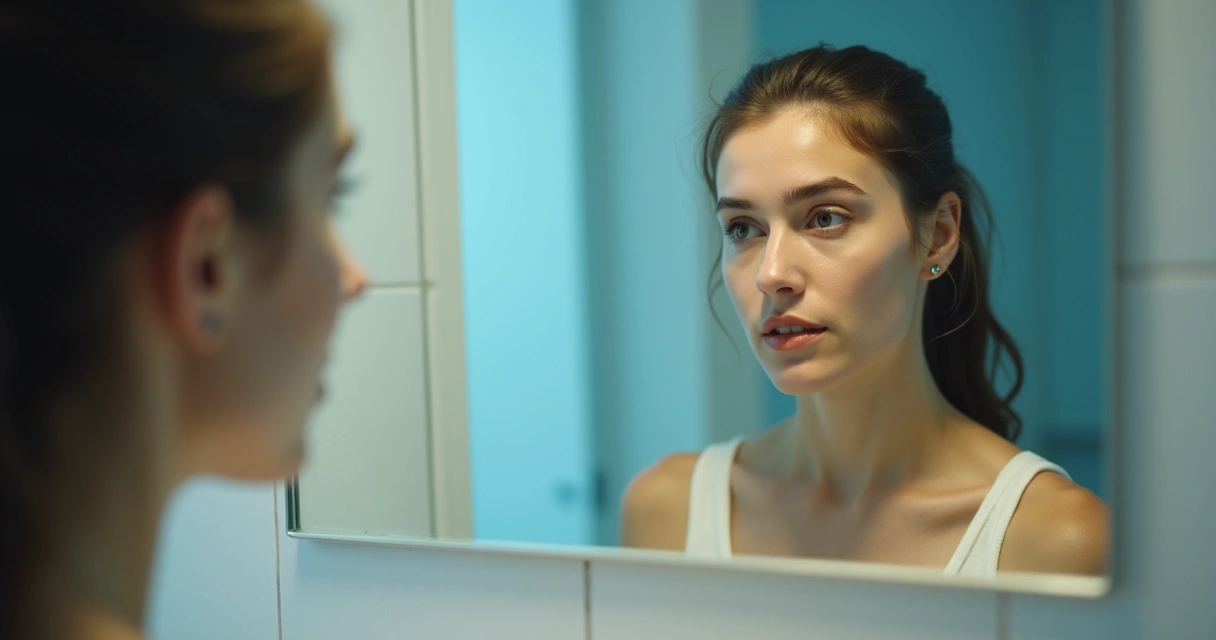 Mujer contemplando su reflejo en el espejo con expresión desconcertada 