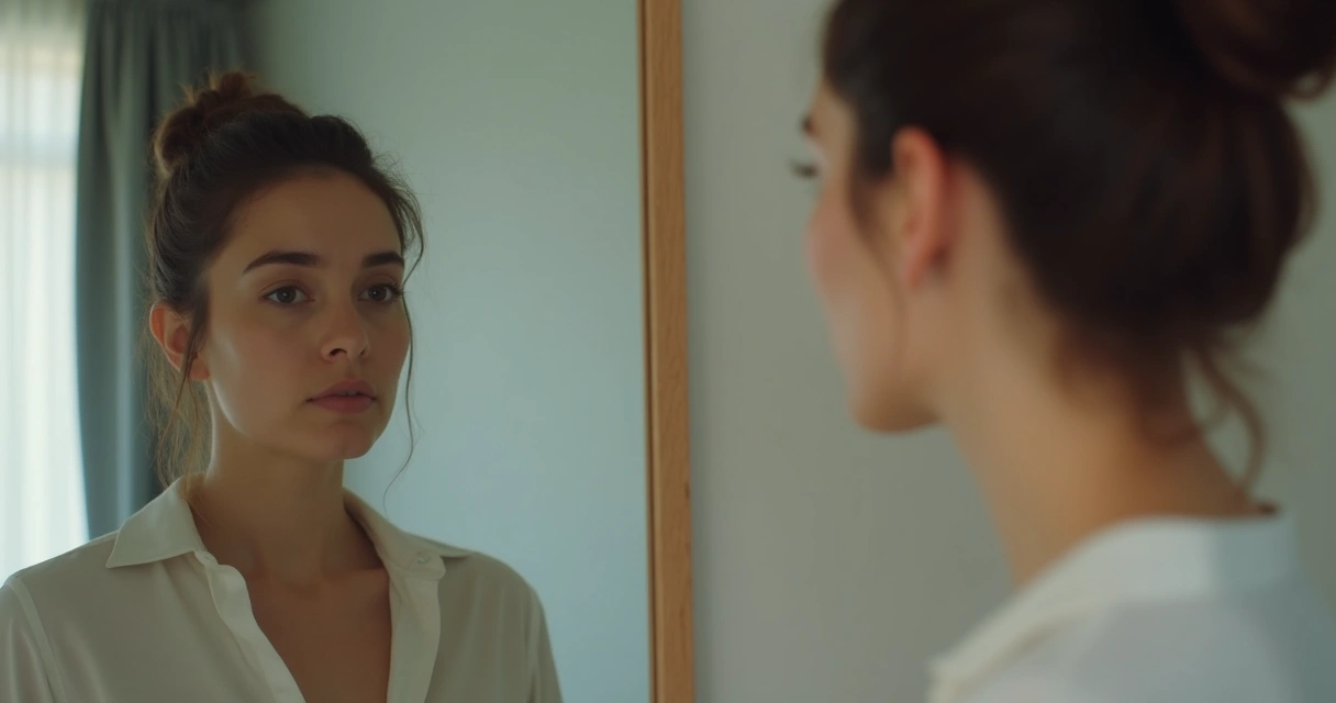 Mujer observa su reflejo en un espejo, rostro pensativo