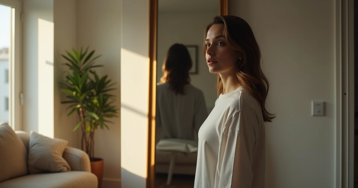 Mujer frente al espejo viendo su propia sombra reflejada 