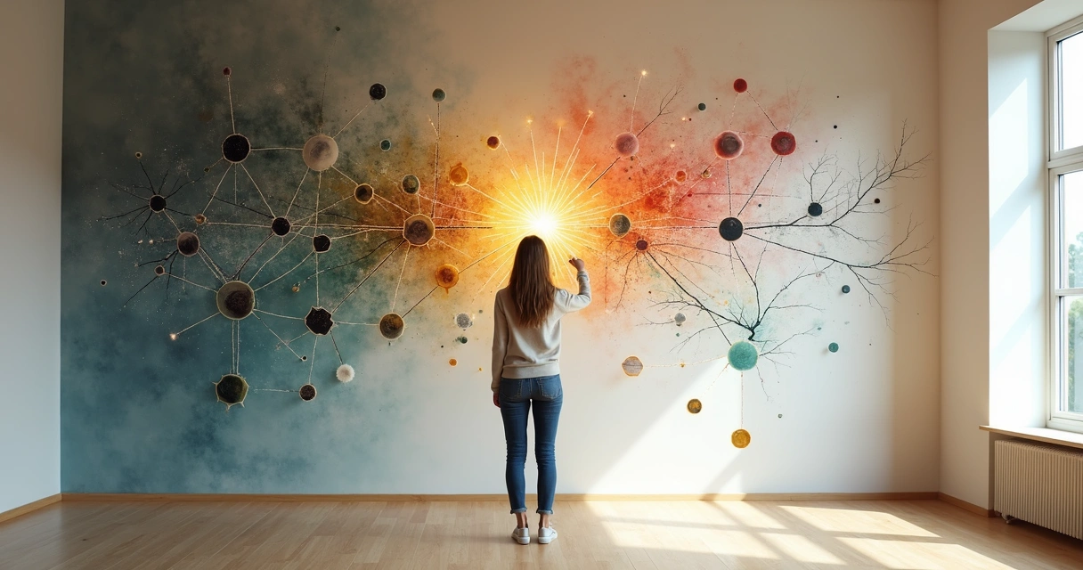 Mujer observa un mural de símbolos cambiando de oscuro a colorido 