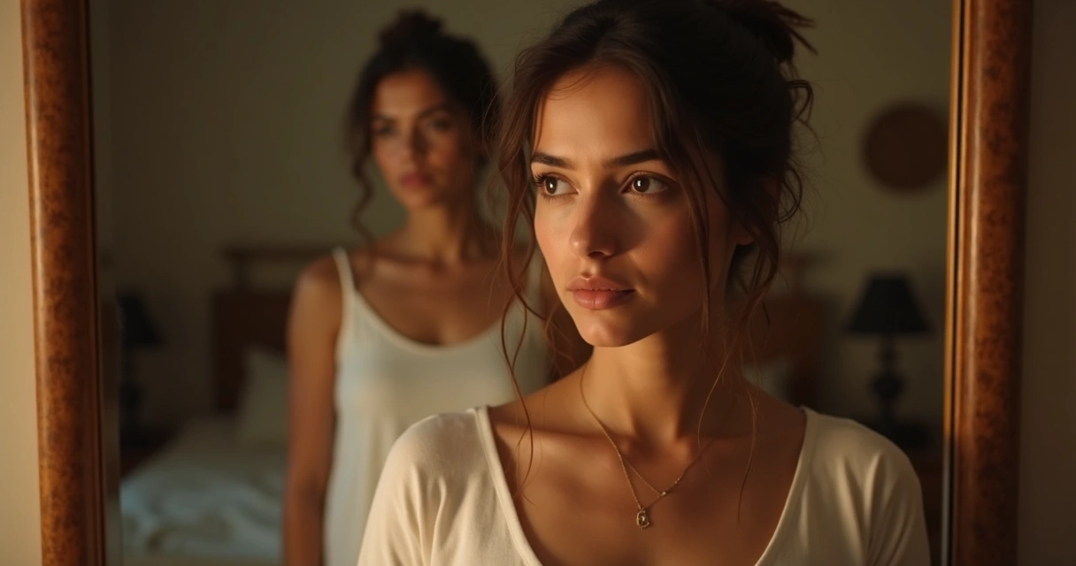 Mujer observa su reflejo en un espejo, gesto reflexivo, cuarto iluminado 