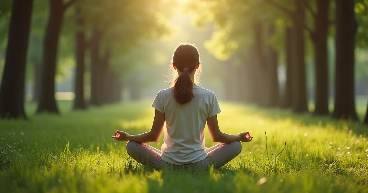 Mujer sentada en la naturaleza, meditando rodeada de árboles