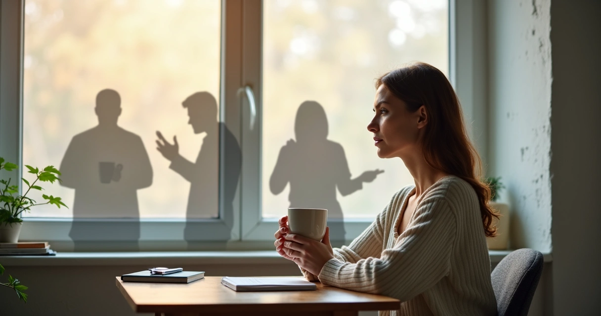 Mujer sentada mirando por la ventana con siluetas difuminadas repetidas a su alrededor 