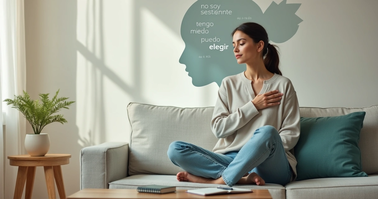 Mujer sentada en silencio observando su diálogo interno en un ambiente tranquilo 