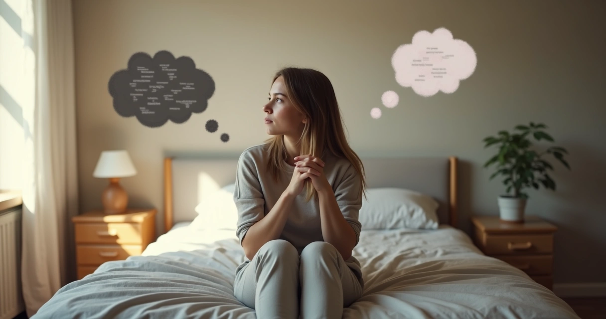 Mujer joven sentada pensativa observando sus pensamientos negativos y positivos 
