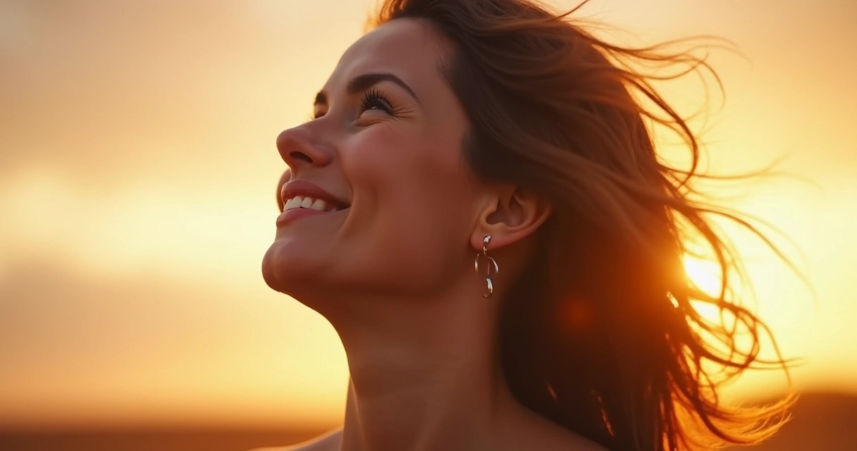 Mulher olha para o céu ao pôr do sol com expressão de serenidade 