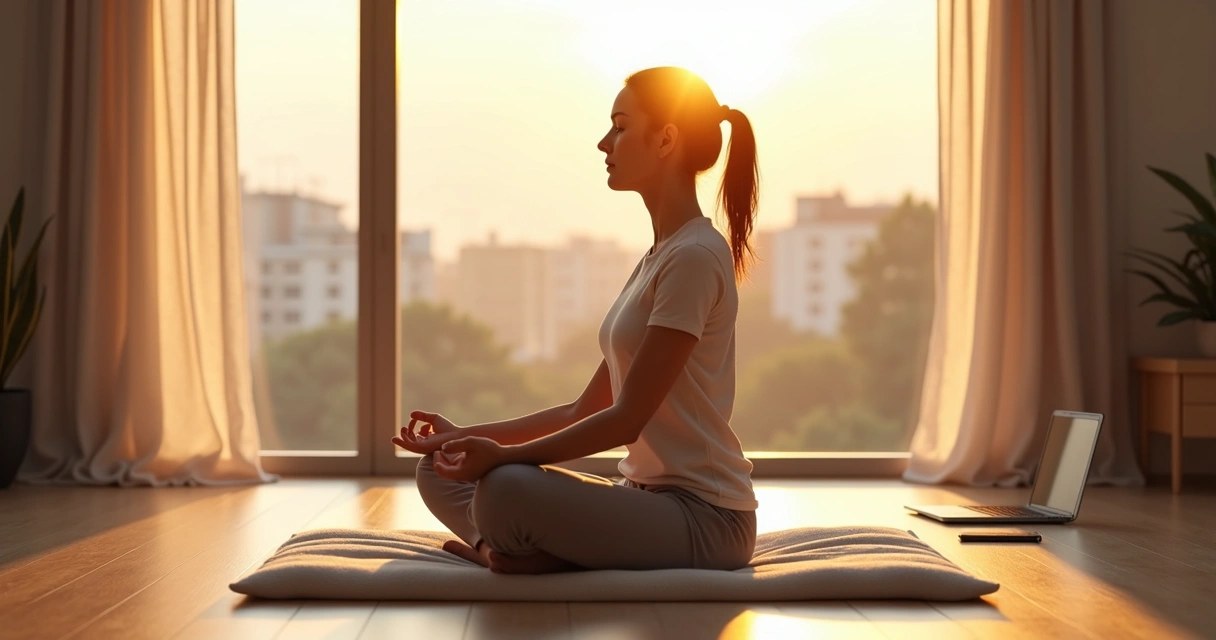 Mujer sentada en calma frente a una ventana grande haciendo una pausa en silencio consciente 