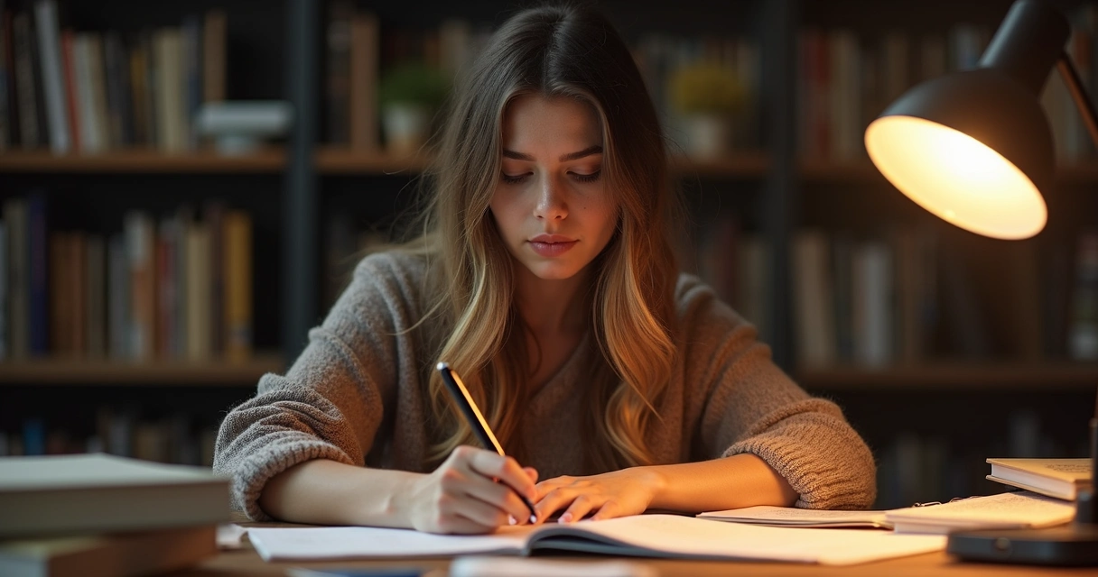 Mujer frente a escritorio con libros, pensando y reflexionando 