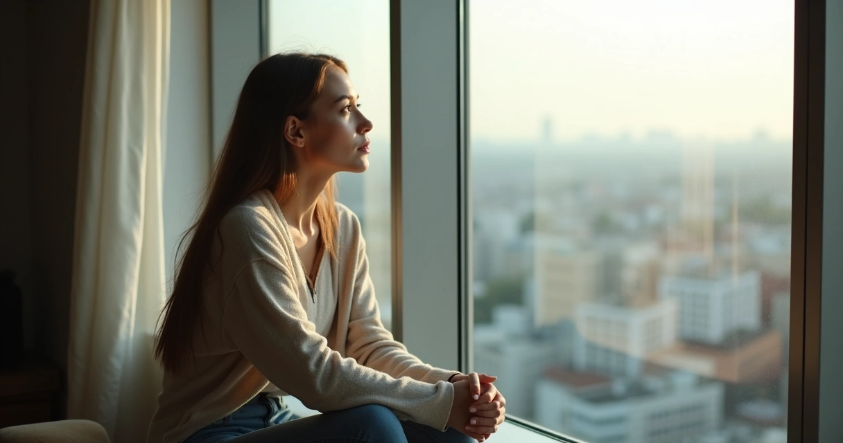 Mujer pensativa mira por la ventana, luz natural al fondo