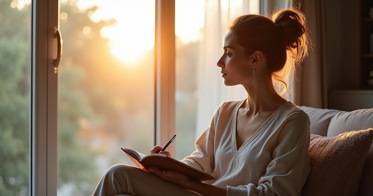 Mujer contemplando por una ventana con luz natural 