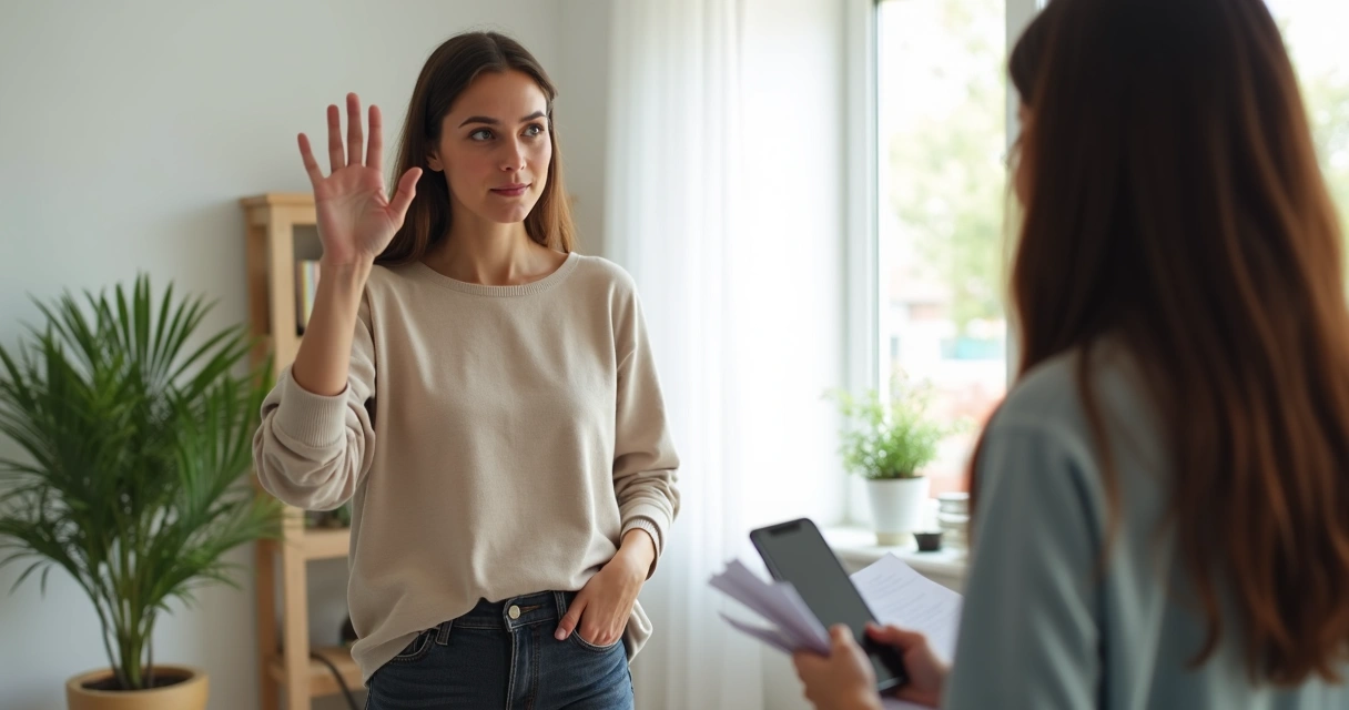 Mujer tranquila levantando la mano para poner un límite claro 