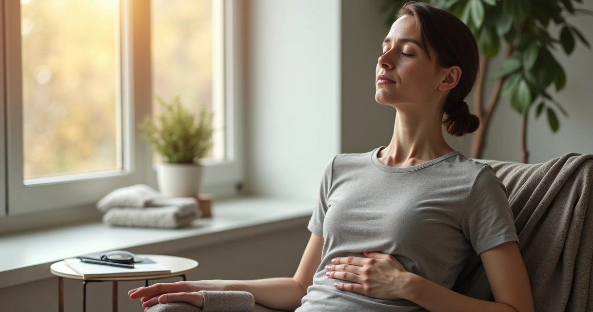 Persona sentada practicando autorregulación emocional con respiración consciente 