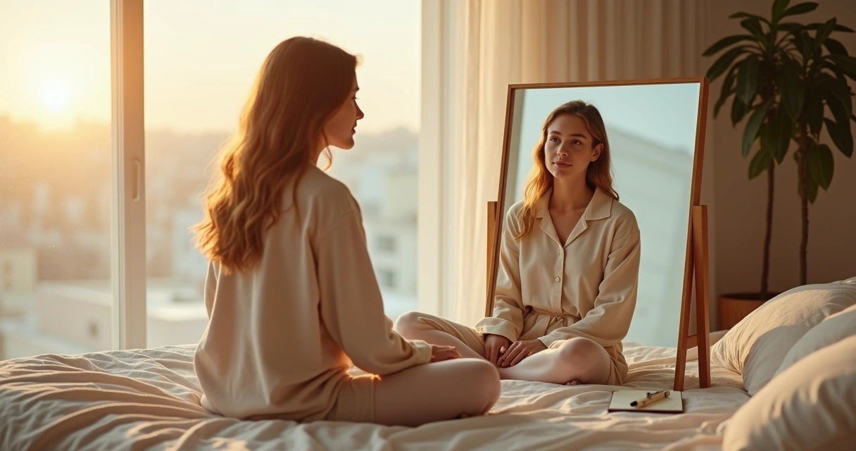 Mujer sentada en calma con diálogo interno compasivo reflejado en un espejo 