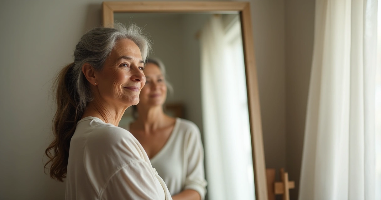 Mujer adulta mirando su reflejo con serenidad en el espejo 