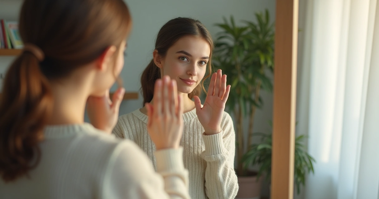 Joven mirándose a sí misma en un espejo, reflejando introspección 