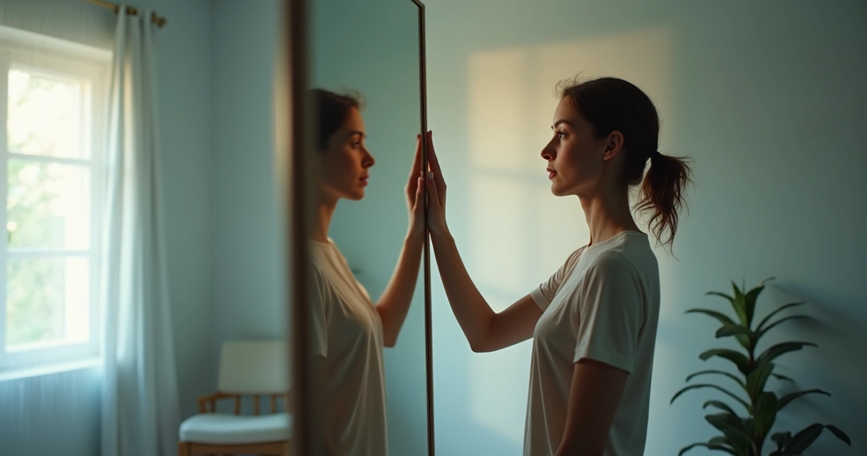 Mujer observando su reflejo con sombras abstractas alrededor de la cabeza 