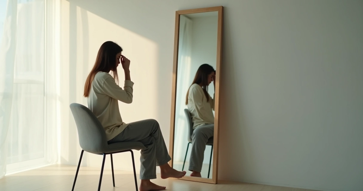 Persona frente a un espejo con versiones difusas de sí misma alrededor 