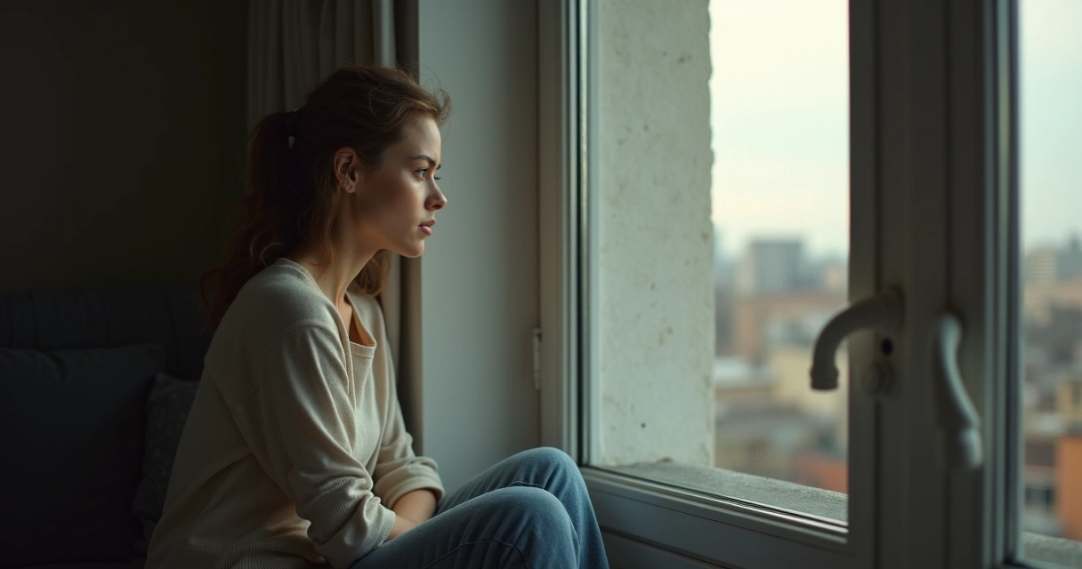 Mujer mirando su reflejo en la ventana, rostro pensativo 