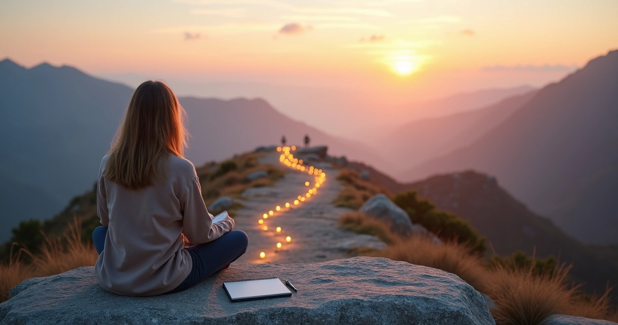 Persona meditando en un cruce de caminos en la montaña al amanecer 