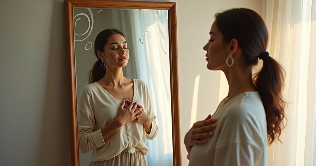 Mujer frente a un espejo roto con imágenes de familia y nuevas posibilidades 