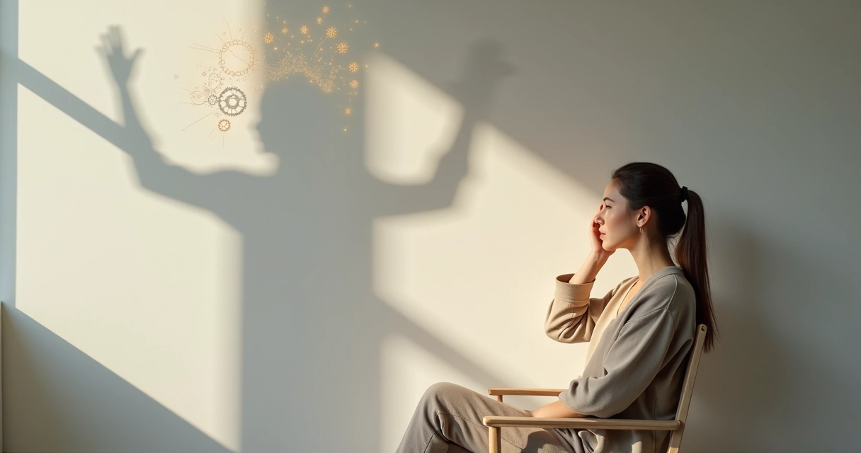 Mujer reflexionando con sombra proyectando una silueta segura y expansiva 