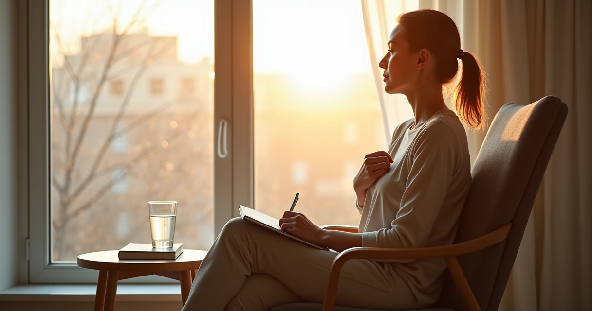 Mujer sentada frente a la ventana reflexionando con silueta duplicada difuminada 