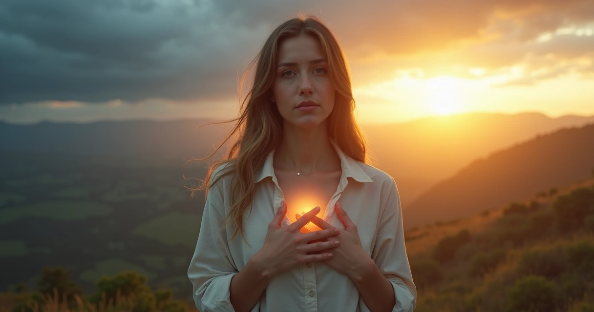Mujer joven sosteniendo el pecho con expresión introspectiva frente a paisaje dividido entre luz y sombra 