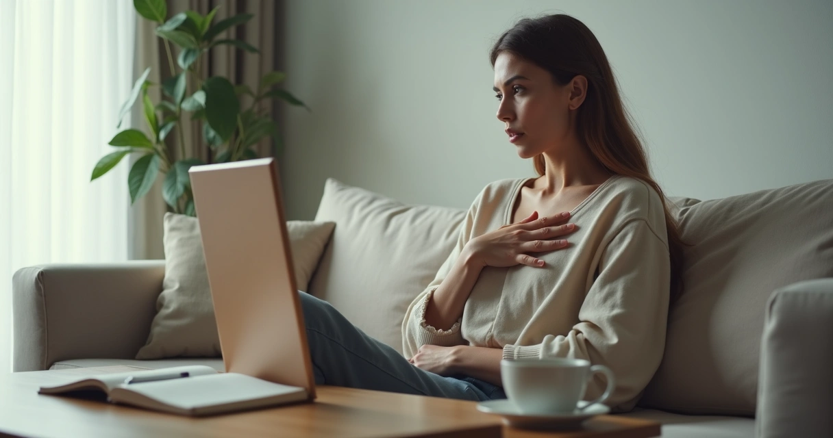 Mujer adulta mirando su reflejo en un espejo con gesto reflexivo 