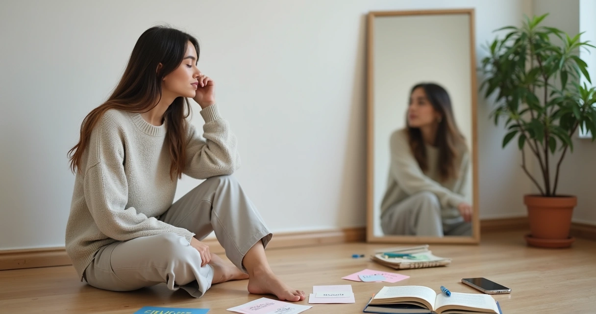 Mujer joven sentada frente a un espejo grande reflexionando sobre sí misma 