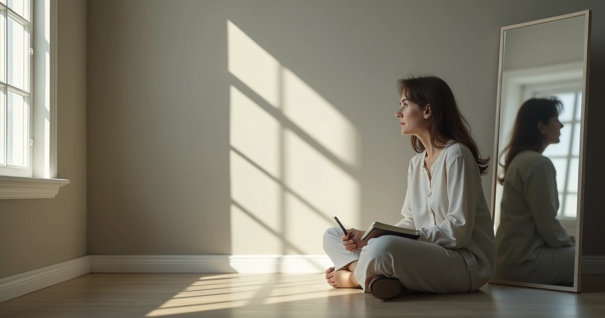 Mujer sentada frente a un espejo con sombra crítica detrás 