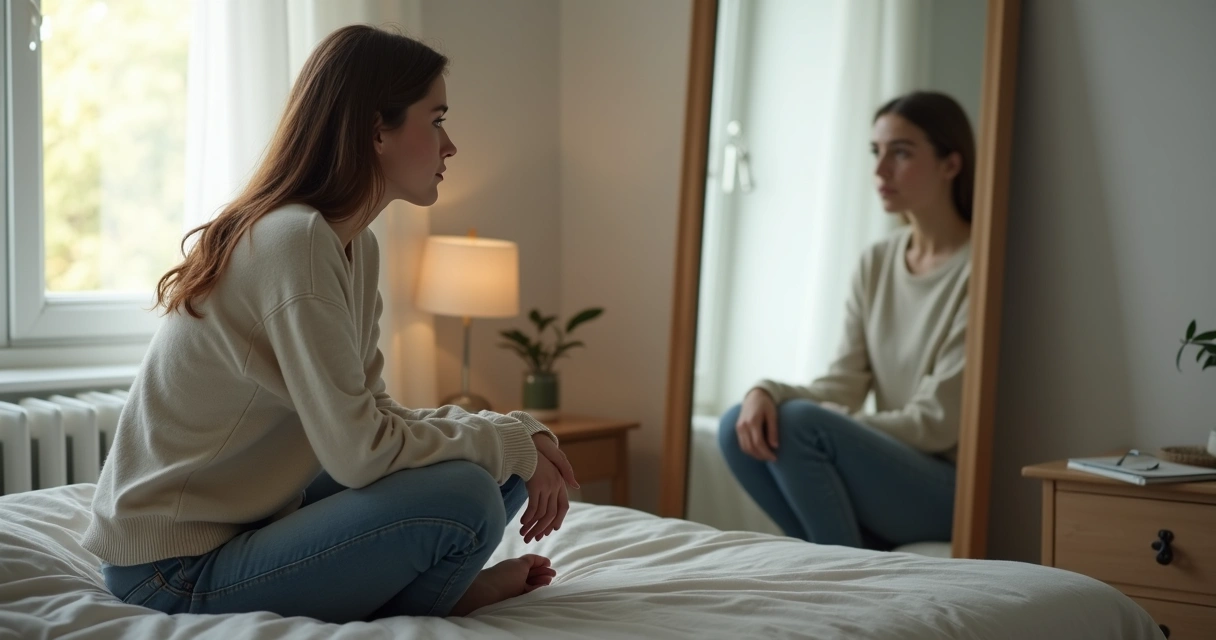 Mujer pensativa frente al espejo con su sombra oscurecida al fondo 