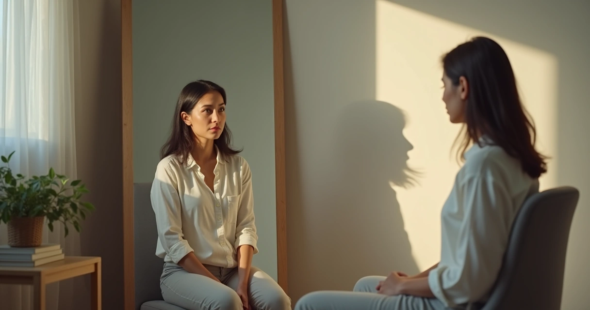 Mujer pensativa frente a un espejo con su sombra detrás 