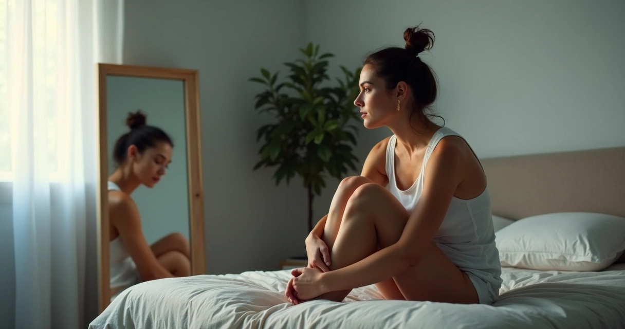 Mujer pensativa frente al espejo con lado oscuro y lado luminoso 