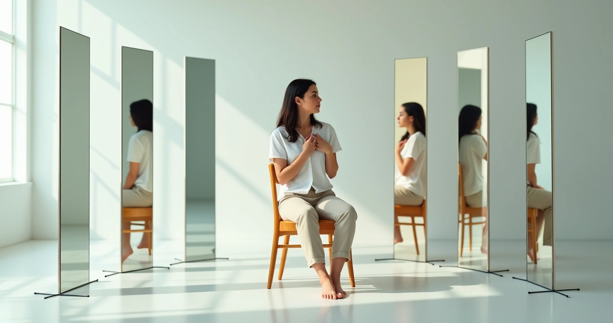 Mujer observándose en múltiples espejos que representan el autoconocimiento 
