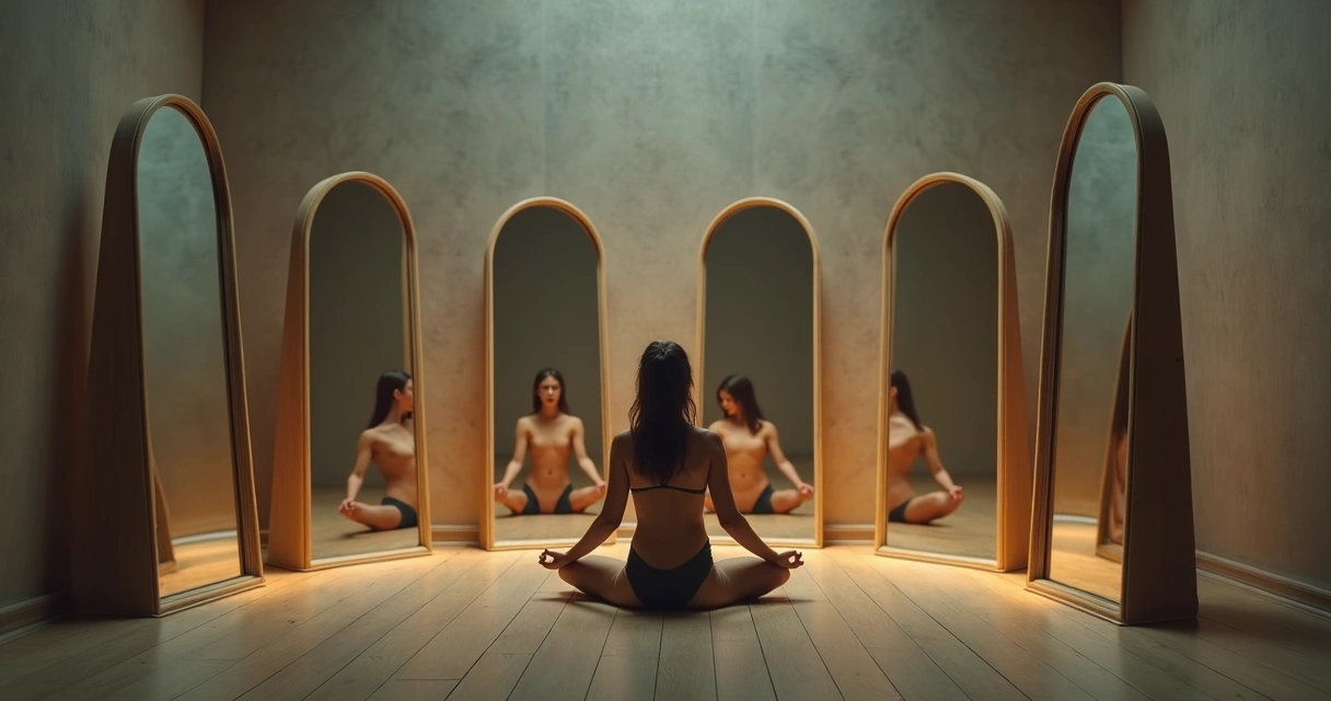 Mujer sentada frente a varios espejos reflexionando sobre su interior 